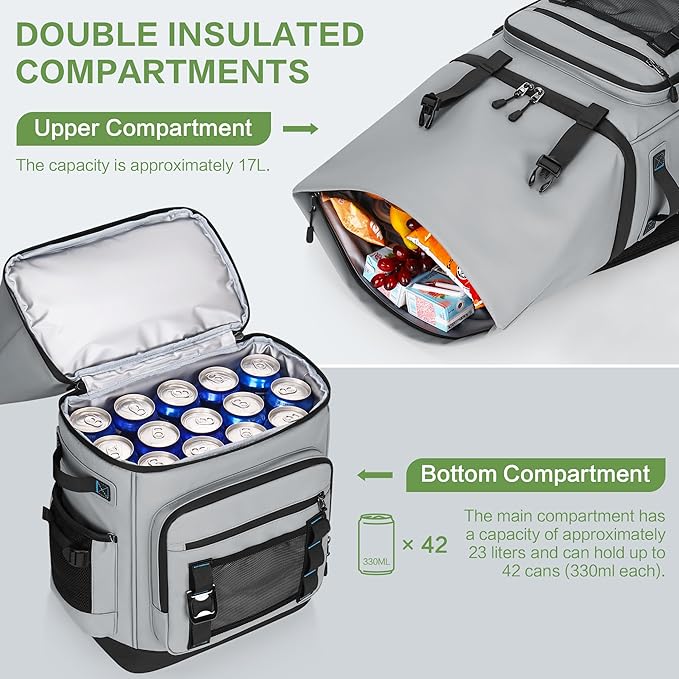 Insulated Cooler Backpack, 40L Expandable Leakproof Waterproof, Dual Compartments (23L+17L) with Expandable Upper Section, Portable for Beach Camping Picnic Travel
