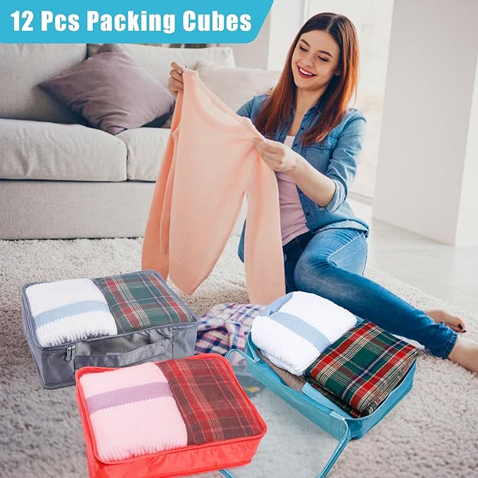 12 Pcs Packing Cubes,Large Packing Cubes Luggage Organizers for Suitcase,Lightweight Mesh Travel Organizer Bags for Traveling Hiking Camping Backpacking(Multicolor)