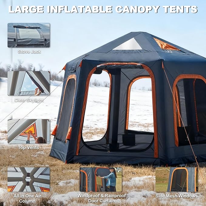 Inflatable Tents for Camping with Stove Jack, 2/4/6/8 Person Easy Setup Blow Up Tents for 4 Seasons Waterproof Inflatable Camping Tent with Awning, Air House Glamping Tents for Camping Adult