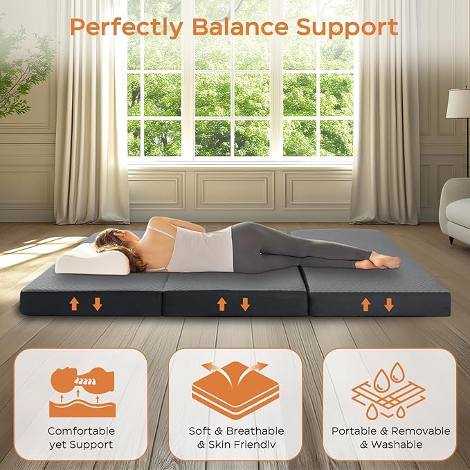Tri Folding Mattress Full Size - Memory Foam Tri-fold Handle & Non-Slip Bottom, Portable Foldable Sofa Bed Floor Chair for Travel RV Camping Guest Yoga - 4 Inch, 73"x52"x4"
