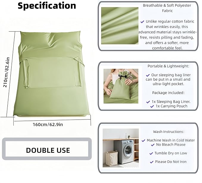 Sleeping Bag Liner for Adults, Lightweight Travel Sleep Sack with Carry Bag, Compact Portable Sleeping Sheet for Camping, Hiking, Hostels, Hotels and Backpacking