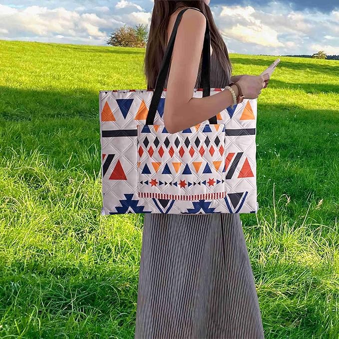 Outdoor Packable Picnic Blanket with Zipper Folds into Tote Bag with Large Storage and Shoulder Strap, Waterproof Sandproof for Lawn Beach Hiking Camping (colorful1, Small)