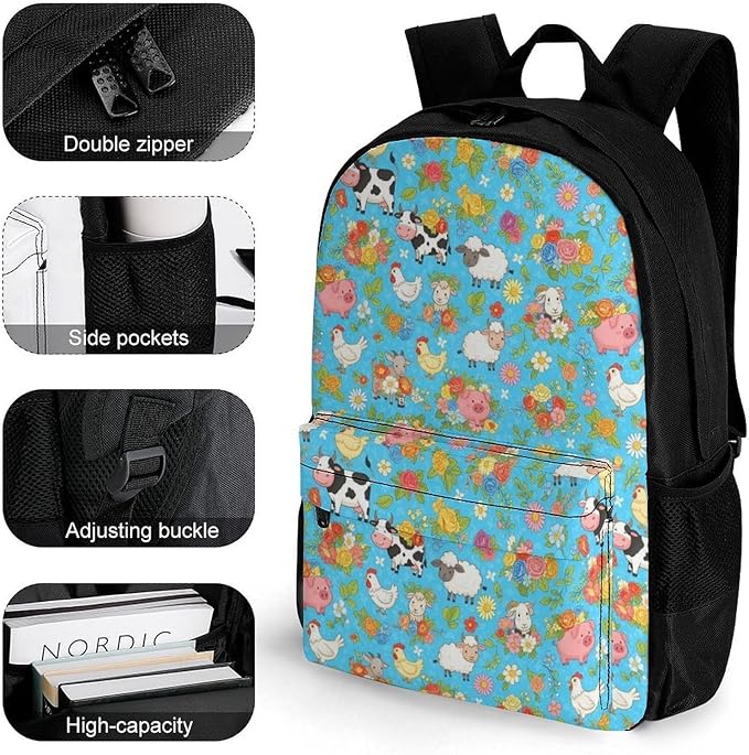 Polyester Daypack for Camping Travel Walking Cycling, Big Capacity Anti-Theft Multipurpose Bookbag, Farm Animals Cow Sheep Goat Chick Floral Camping Outdoor Backpack
