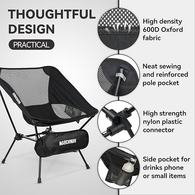 MARCHWAY Ultralight Folding Camping Chair, Heavy Duty Portable Compact for Outdoor Camp, Travel, Beach, Picnic, Festival, Hiking, Lightweight Backpacking (Black)