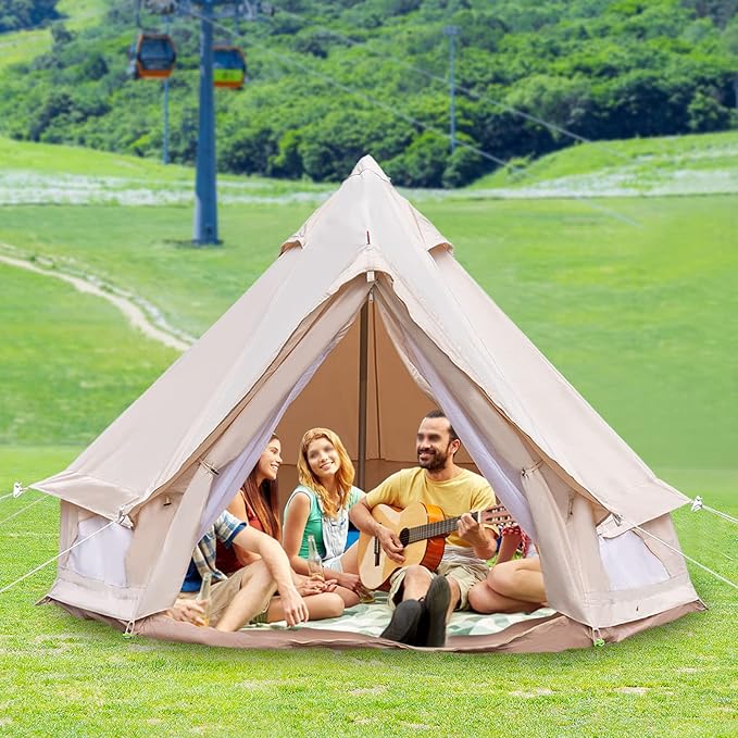 Bell Tent 118" All-Season Waterproof Canvas Camping Tent, 6.5ft Center Pole Polyester Cotton Tent for 2 Person with PVC Floor, Windproof Outdoor Camping Tent