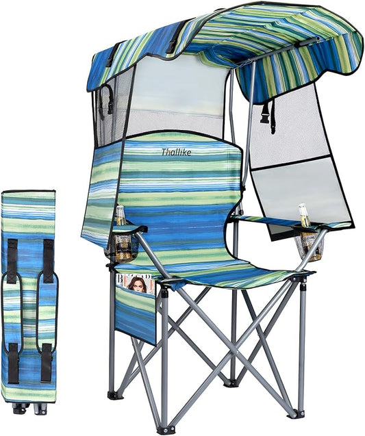 Folding Camping Chair with Reinforced Shade Canopy Comfortable Wide Seat with Cup Holder and Side Pocket Portable Outdoor Chair for Beach Fishing Sports Lawn Supports 350 LBS