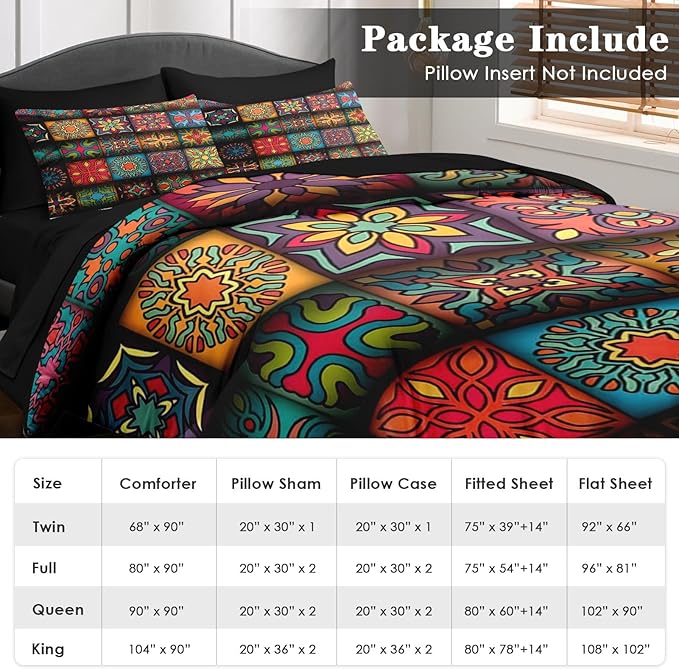 Comforter Set Full Size, Mexico Colorful Mandala Vintage 7 Pcs Bedding for Kids and Adults, Bohemian Flower Bed Sheet Sets with Fitted Sheet 2 Pillowcases & 2 Shams for Bedroom Bed Decor