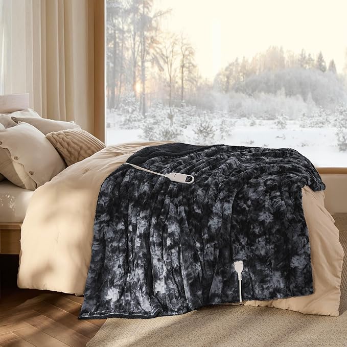 Bedsure Faux Fur Heated Blanket Full Size, Fast Heating Electric Blanket Full Size with 6 Heating Levels & 10 Time Settings, Cozy Gifts for Women Men (72x84 inches, Black)