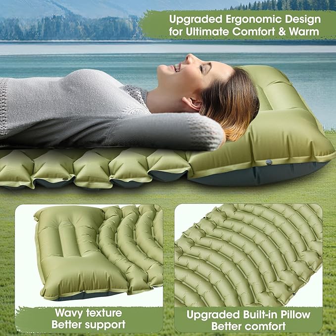 Sleeping Pad for Camping, Self Inflating Sleeping Pad Extra Thick Sleeping Mat with Pillow Built-in Foot Pump, Ultralight Inflatable Sleeping Pads Connectable Air Mattress for Backpacking