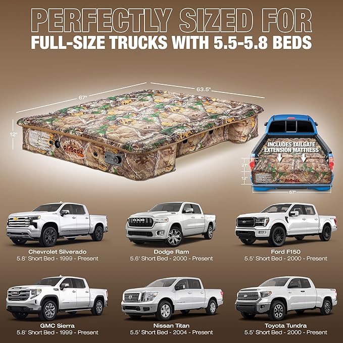 Pittman - Truck Bed Mattress 5.5 ft > 5.8ft - The Original Airbedz Truck Bed Air Mattress 5.8 > 5.5 ft - for Full Size Short Pickups, 25% More Coverage for Comfortable Pickup Camping