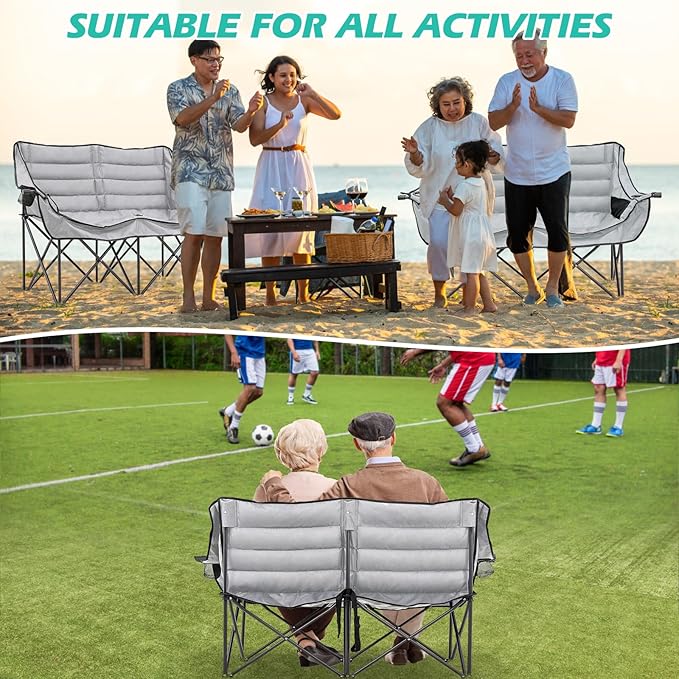 DoCred Double Camping Chair - Oversized Loveseat, 2 Person Camping Chair for Adults Heavy Duty,Two Person Folding Chair with Cup Holder, Supports up to 500 LBS for Outside Picnic Beach Travel