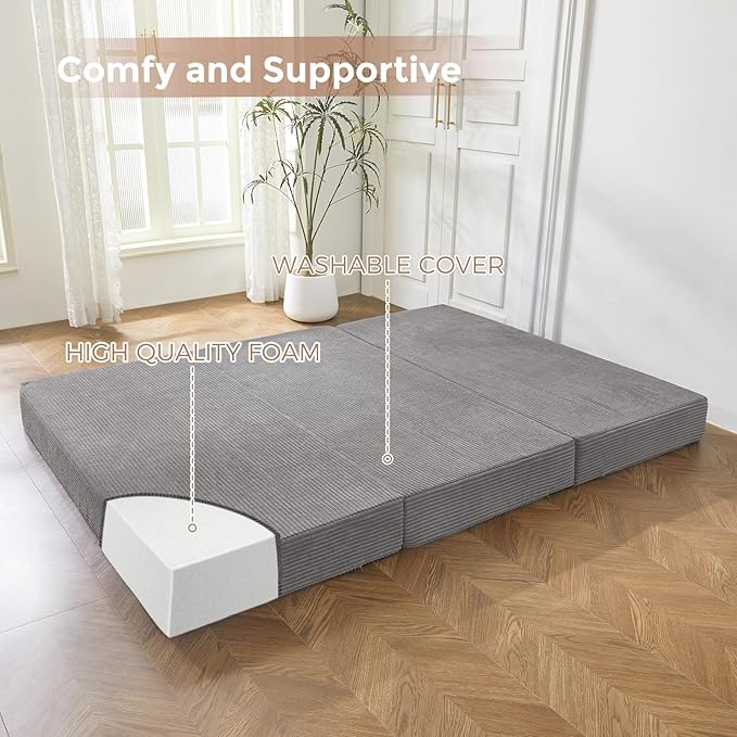 BYBYME Tri-Folding Corduroy Mattress, 6 Inches Gel Folding Mattress Topper, Foldable Soft Guest Bed Camping Pad, Washable Cover (Grey, Full)
