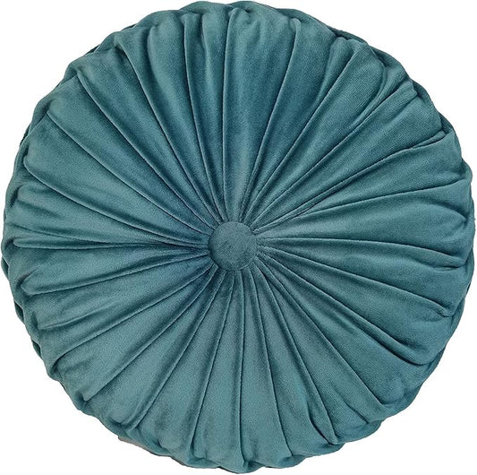 Round Throw Pillow Velvet Home Decoration Pleated Round Pillow Cushion for Couch Chair Bed Car Lake Blue