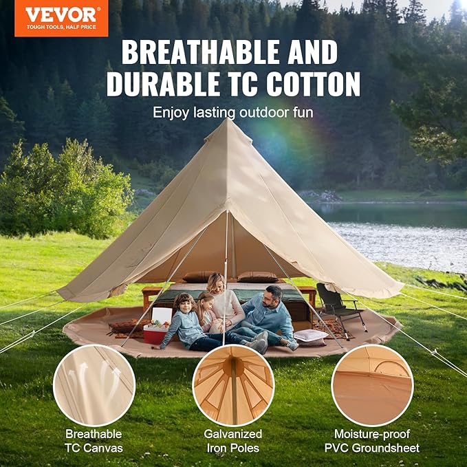 VEVOR Canvas Tent Bell, Yurt 4 Seasons for Camping with Stove Jack, Breathable Holds up to 4 People, Family Camping Outdoor Hunting Party