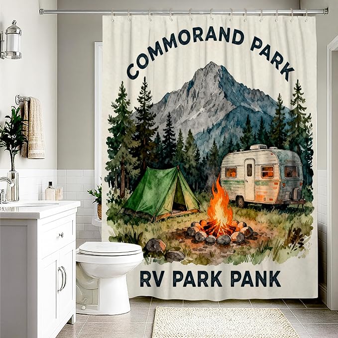 Mountain Shower Curtain, Outdoor Adventure Tent Campfire Summer Green Waterproof Fabric Clawfoot Tub Shower Curtains for Bathroom Toile Guest Room Decor 54x78 Inch