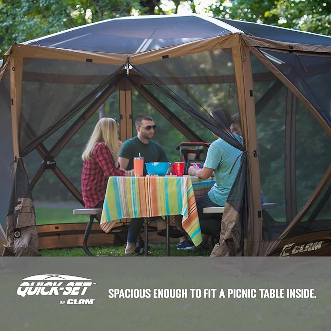 Clam Quick-Set Sky Screen Shelter – 8-Person Pop-Up Tent with Screened Roof for Airflow & Stargazing, 140" x 140", Brown, Instant Setup, Oversized Carry Bag – Camping, Tailgating, Outdoor Use