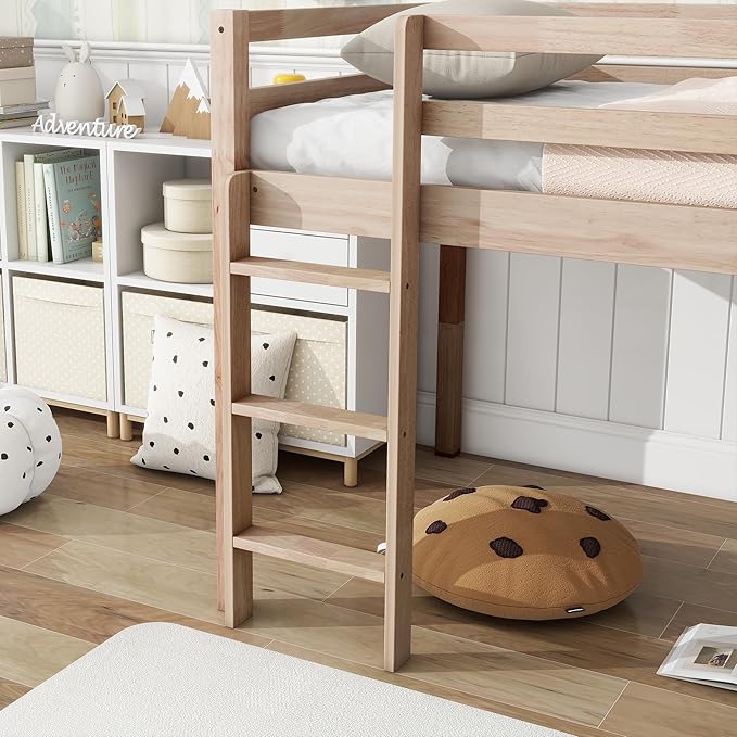 KEIKI Twin Low Loft Bed with Slide & Ladder, Rubber Wood, Underbed Storage, Guardrails, White Oak