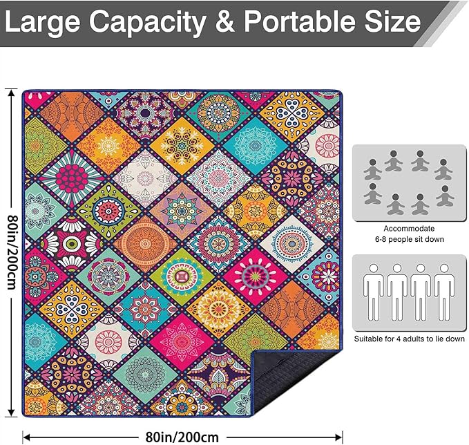 Waterproof Picnic Blankets Foldable & Portable 80''x80'' Boho Picnic Mat for Outdoors, Large Washable Picnic Blanket for Travel Camping Beach, Park Grass Picnic Blanket Accessories for Adults