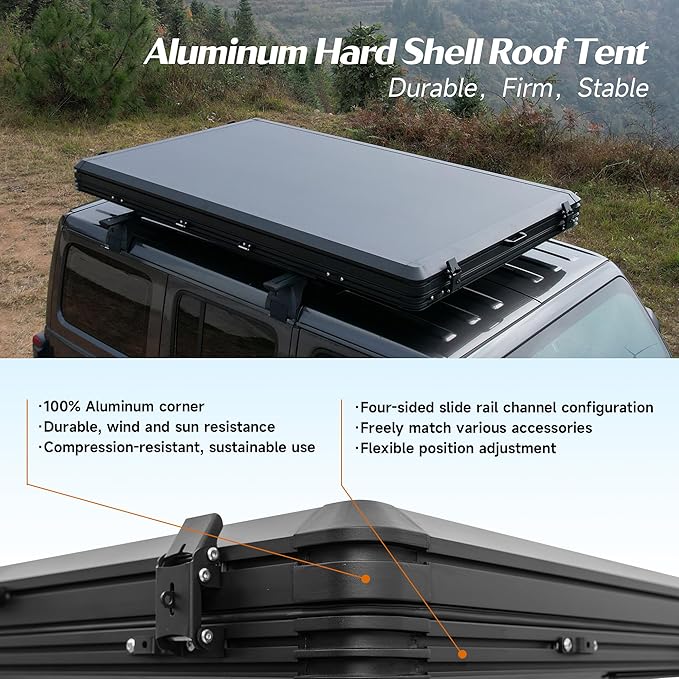 Rooftop Tent Hard Shell, Aluminum Pop Up 2-3 Person Roof Top Hardshell for Camping Truck Van Suitable for Jeep SUV Car. (Roof Tent)