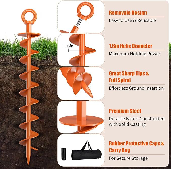 Phopich Ground Anchor Screw in, 4 Pack Spiral Trampoline Anchors with Nut and Tool Swing Set Anchors Tent Stakes High Wind Heavy Duty for Sheds, Carports, Mobile Home Orange
