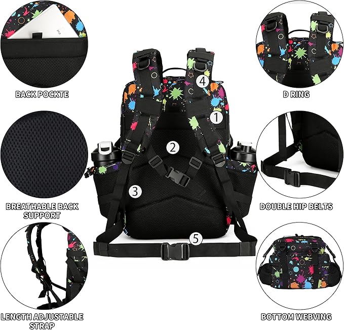 25L/45L Tactical Backpack Military Tactical Backpack Heavy Duty Molle Assault Pack for Work Gym Outdoors (1.0 25L-fluorescent tie dye, Small)