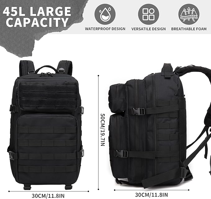 45L Military Tactical Backpacks 3 Days Assault Pack Bag Fitness Rucksack 3 Day Bug Out Bag Hiking Treeking Molle Daypack (Black2)