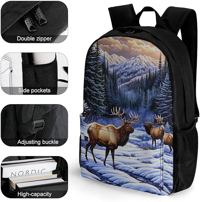 Supdreamc Casual Daypack Multipurpose Anti-Theft Large Capacity Carry On Bag, Elk Winter Snow Casual Daypack Climbing Shoulder Bag With Padded Straps