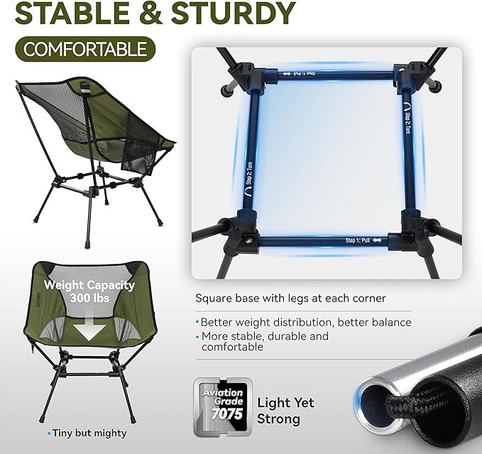 MARCHWAY Ultralight Folding Camping Chair, Heavy Duty Portable Compact for Outdoor Camp, Travel, Beach, Picnic, Festival, Hiking, Lightweight Backpacking (Green)