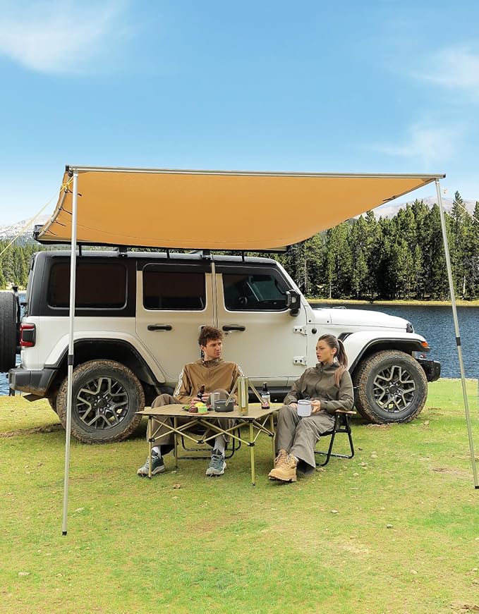 JOYTUTUS Vehicle Awning 4.6'x6.6' Roof Rack Pull-Out Sun Shade UV50+, Weatherproof 4x4 Side Awning for Camping, Car Sunshade with Adjustable Hardware, Quick Set-up, SUV/Truck/Van/Jeep