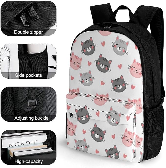 Sturdy College Bookbag Love Cats Travel Hiking and Camping with Large Capacity Backpack for Men Women