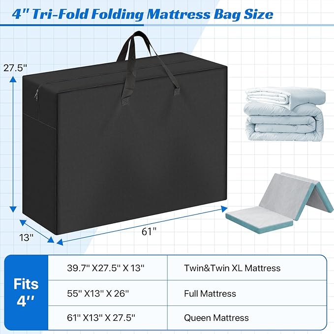 Foldable Mattress Storage Bag, 61"x13"x27.5" Portable Waterproof Carry Case for Trifold Memory Foam Queen Folding Mattress, 600D Oxford Heavy Duty Camping Cots Bag, Black