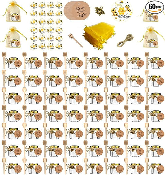 IIKUM 60 Pack 1.5 oz Hexagon Mini Glass Honey Jars with Wooden Dippers, Bee Pendants, Gift Bags, Thank You Cards, Jutes and Cute stickers- Perfect for Baby Shower, Wedding Favors and Party Favors