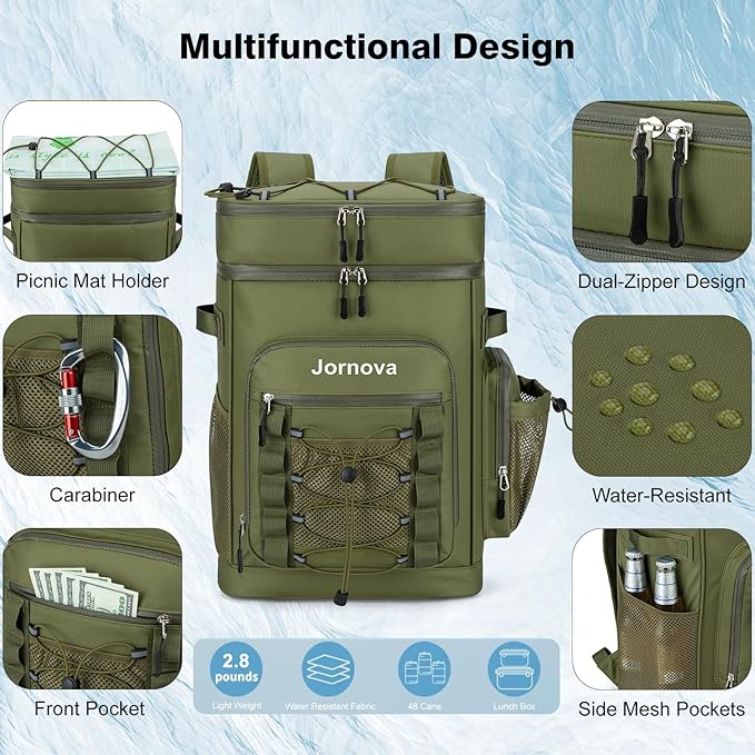 Insulated Cooler Backpack, 40L Leakproof Backpack with Double Compartments for Men & Women, Large Lunch Cooler for Camping, Beach, Travel, Picnic, Up to 48 Cans