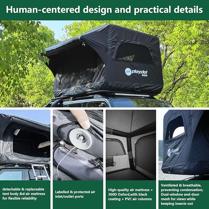 PlayDo Inflatable Rooftop Tent Easy Setup Camping Tent for The Roof of Sedans Pickup Blow Up Roof Top Tents SUV Truck Van Glamping Tent with Porch, Strip Light for 2-3 Person