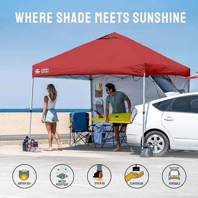 CROWN SHADES Canopy Tent 10x10 Pop Up Canopy Outdoor Shade with Pockets Sidewall, Easy Up Sun Shelter with One Person Set Up Center Lock, Portable Instant Camping Beach Canopy Tents, Red