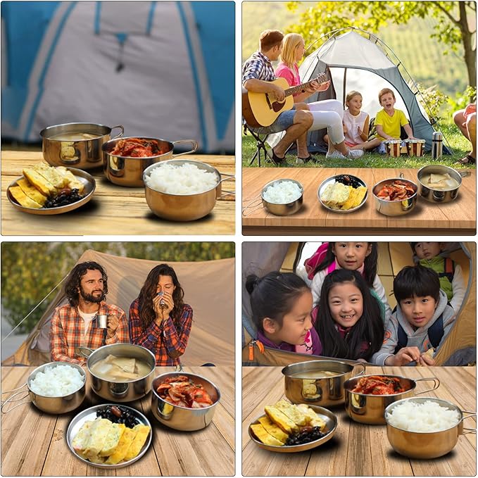Camping Pots Pans, 4Pcs Portable Foldable Stainless Steel Combination Pot Cookware Set Camping Kitchenware Picnic Outdoor Pan Pot Plate Tableware Backpacking Gear for Camping Hiking Picnic