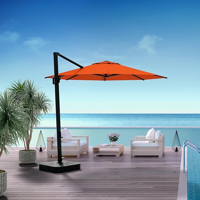 Midtown Umbrellas 10 Ft Outdoor Cantilever Patio Umbrella w/Terylast Bright Orange Fabric - Tilt 360° Offset Patio Umbrella, Deck Patio Umbrella, Backyard Umbrella & Garden Umbrella - Black Frame