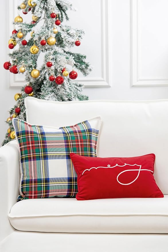 Hofdeco Premium Classic Christmas Holiday Winter Heavy-Weight Canvas Decorative Throw Pillow Cover ONLY for Couch, Sofa, Bed, Scottish Tartan Plaid with Sherpa Back, 20"x20"