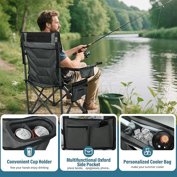 Oversized High-Back Camping Chairs with Pillow, Dual Cup Holders & Cooler Bag - Heavy Duty Foldable Outdoor Chair for Adults, Picnic, Fishing, Backyard, Sports (1, BlackGrey)