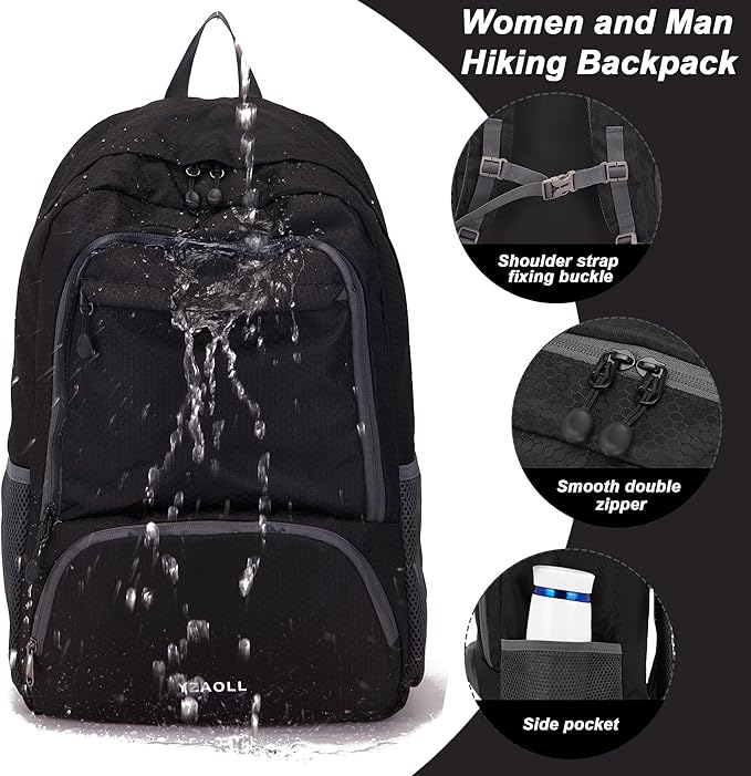 YZAOLL 30L Hiking Backpack Lightweight Day Packs, Packable Backpack for Women Men Travel Camping Vacation,Black