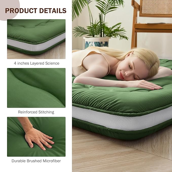 Japanese Floor Futon Mattress Full Size, 4" Thicken Foldable Mattress Tatami Mat Sleeping Pad, 32D Foam Filled Traditional Shiki Futon (shikibuton), Designed in Japan (Green 54"x 80")