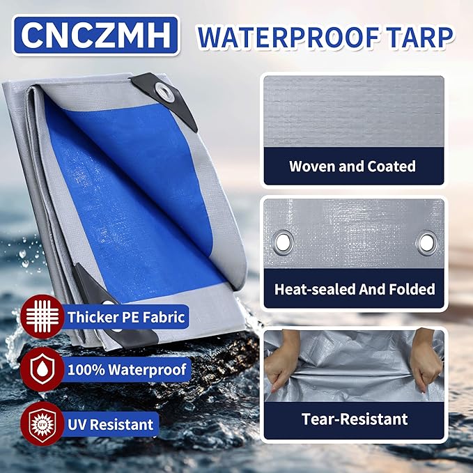 Heavy Duty Tarp Waterproof, 16 Mil Thick Finished Size Tarps Outdoor, Multipurpose Tarpaulin Cover, Small Tarp for Emergency Rain Shelter Camping (Silver/Blue, 12x20ft)