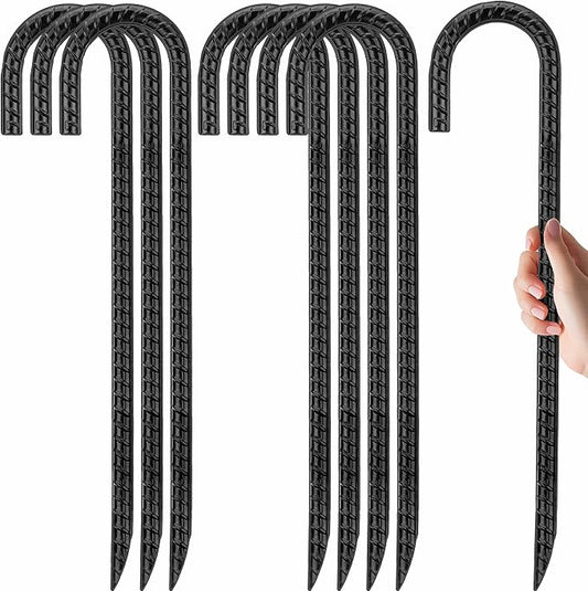 Kingsyard 8 Pack Galvanized Steel J Hook Rebar Trampolines Stakes-12 Inch Long, 0.4 inch Diameter Heavy Duty Ground Anchors, Multi-Purpose Garden Stakes for Tent, Fences, Landscape, Black