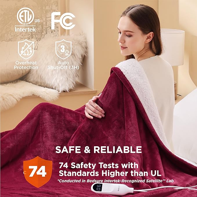 Bedsure Electric Blanket Twin - Soft Flannel Heated Blanket, Fast Heating with 10 Time Settings & 6 Heat Settings, Warm Gift for Grandma (62x84 inches, Burgundy)