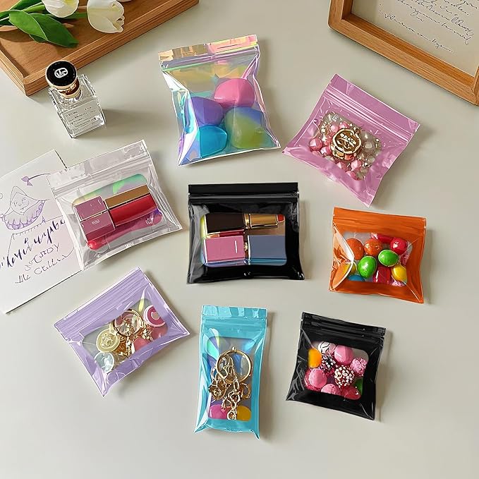 100 Pieces Smell Proof Mylar Bags- Resealable Holographic Packaging Pouch Bag with Clear Window for Food Storage Eyelash Jewelry Electronics Storage (Black, 5.5 x 7.8 Inch)