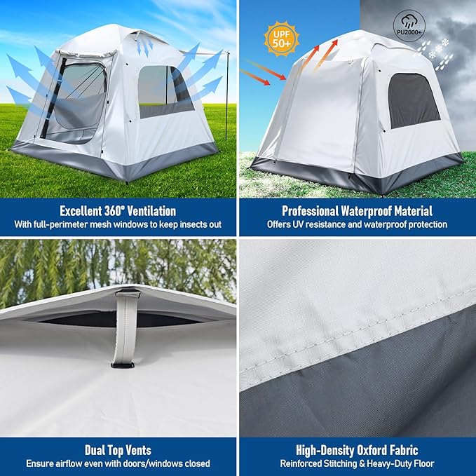Quick Inflatable Camping Tent 3-4 Person Glamping Outdoor Air Blow Up Tents, Easy Set up,Rainfly & Waterproof Inflatable House Tent for Adults