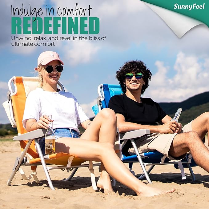 SUNNYFEEL Low Beach Chair 5 Position Lay Flat, Portable Folding Backpack Beach Chairs Heavy Duty with Cooler Bag, Cup Holder for Outdoor/Lawn/Trip/Picnic/Fishing, Foldable Camping Chair