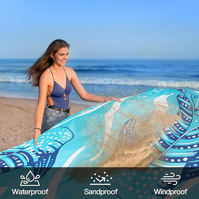 Beach Blanket Waterproof Sandproof, 9 Ft X 10 Ft Extra Large Sand Free Beach Mat, Big Compact Lightweight Quick Drying Picnic Blanket with 4 Stakes & Pockets for Camping, Travel, Hiking