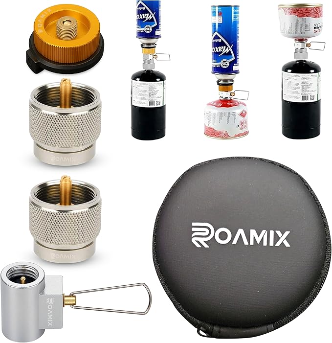 Roamix 4PCS Multi Fuel Gas Adapter Set - EN417 Lindal Valve & Butane to Propane Adapter for Camping Stove with Carrying Bag