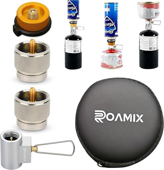 Roamix 4PCS Multi Fuel Gas Adapter Set - EN417 Lindal Valve & Butane to Propane Adapter for Camping Stove with Carrying Bag